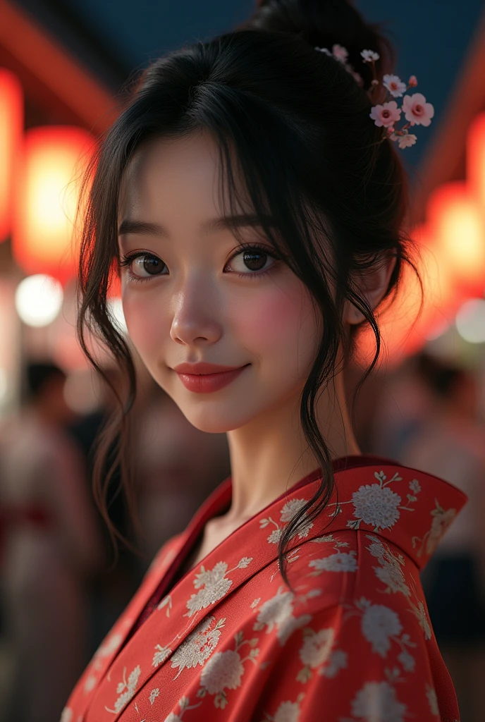 (8k, Realistic, RAW Photos, Highest quality: 1.4, detailed),A Japanese idol-like beautiful girl,1 person,1,(Black Hair),Hair tied up,Large, clear gray eyes,Long eyelashes,(piercings(small)),(Lip gloss),lips(Plump,glossy),thin long neck,Thin and delicate shoulders,yukata(Traditional Japanese cool dress,Long length,Cotton Fabric),Thick obi,Night Festival,Front view,Looking at the camera and smiling sweetly,(Knee Top Portrait: 1.3)