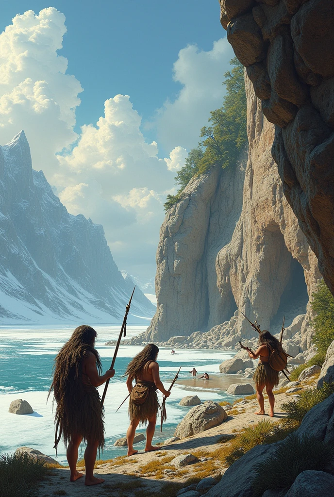 A landscape transitioning from icy tundra to greener, more temperate environments. In the foreground, a group of hunter-gatherers is depicted using newly developed microlith tools to hunt small game. In the background, there are rock surfaces adorned with early petroglyphs or cave paintings showing hunting scenes.