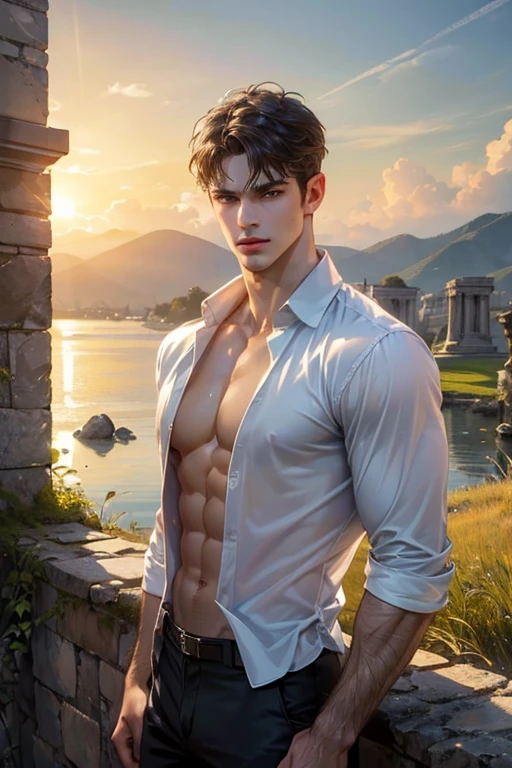 (absurderes, A high resolution, Ultra detailed, hdr), Masterpiece, Best quality, Portrait of a boy, Handsome boy with red eyes, Detailed face, Professional photo, The Alafed man is shirtless, Stand comfortably，legs are open, (puffynipple(From below:1.1)), Focus on your audience,18 year old boy, Handsome boy, [ Firmly defined body ]，The royal blue shirt is open，Abs，chest muscle，short white pants，large bulge，ocean floor，airbubble，
