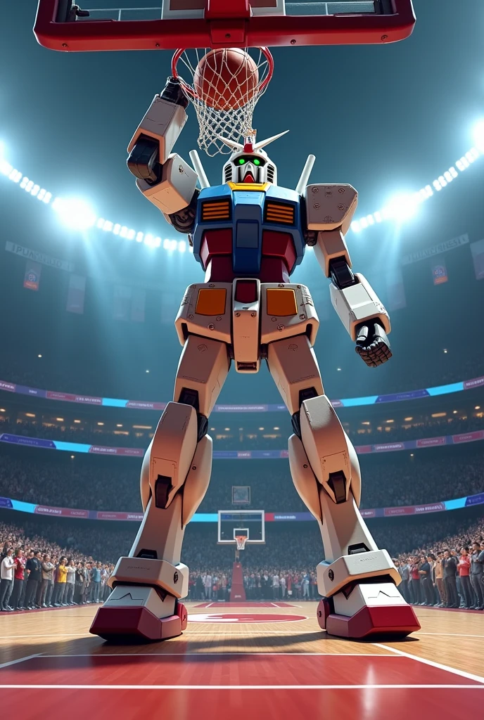 Gundam RX-78-2 about to dunk in a basketball court, lights and crowd, its balling, epic image