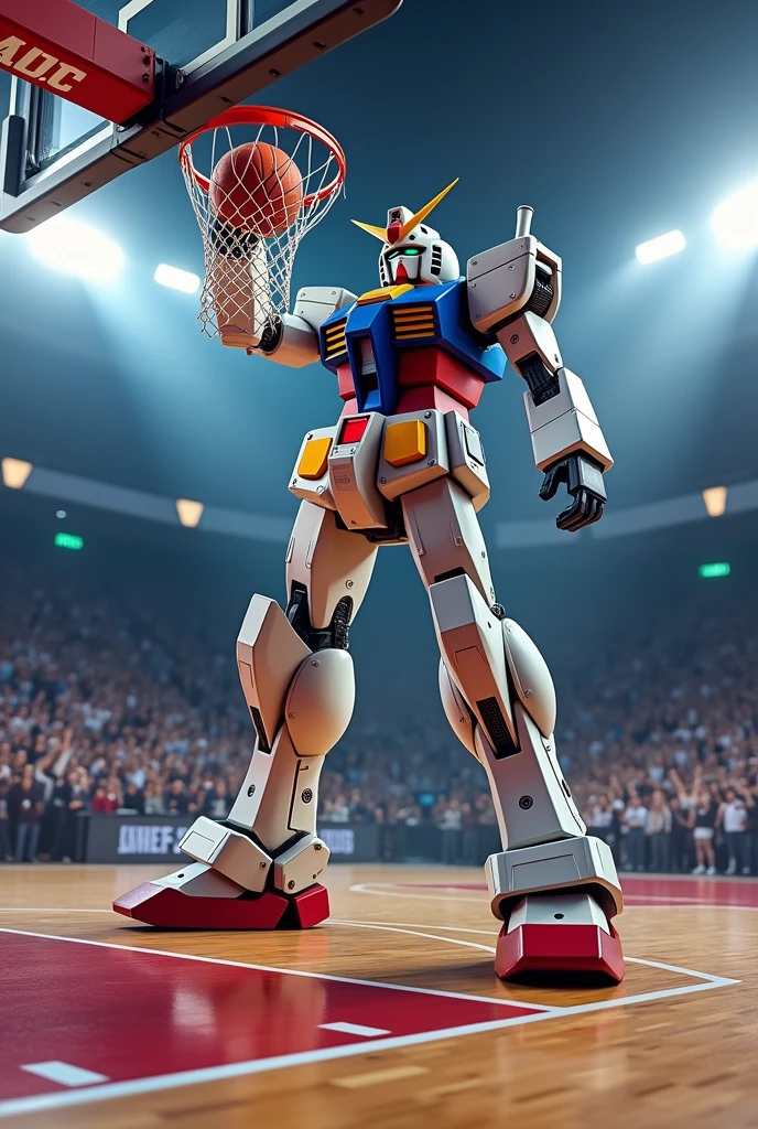 Gundam RX-78-2 about to dunk in a basketball court, lights and crowd, its balling, epic image