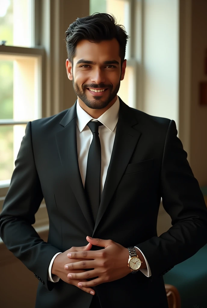 Dark hair and confident smile. He is wearing a black tie and blazer over a white shirt. The man wears a watch on his left hand and a red rakhi on his right hand. The sun is shining through the window.