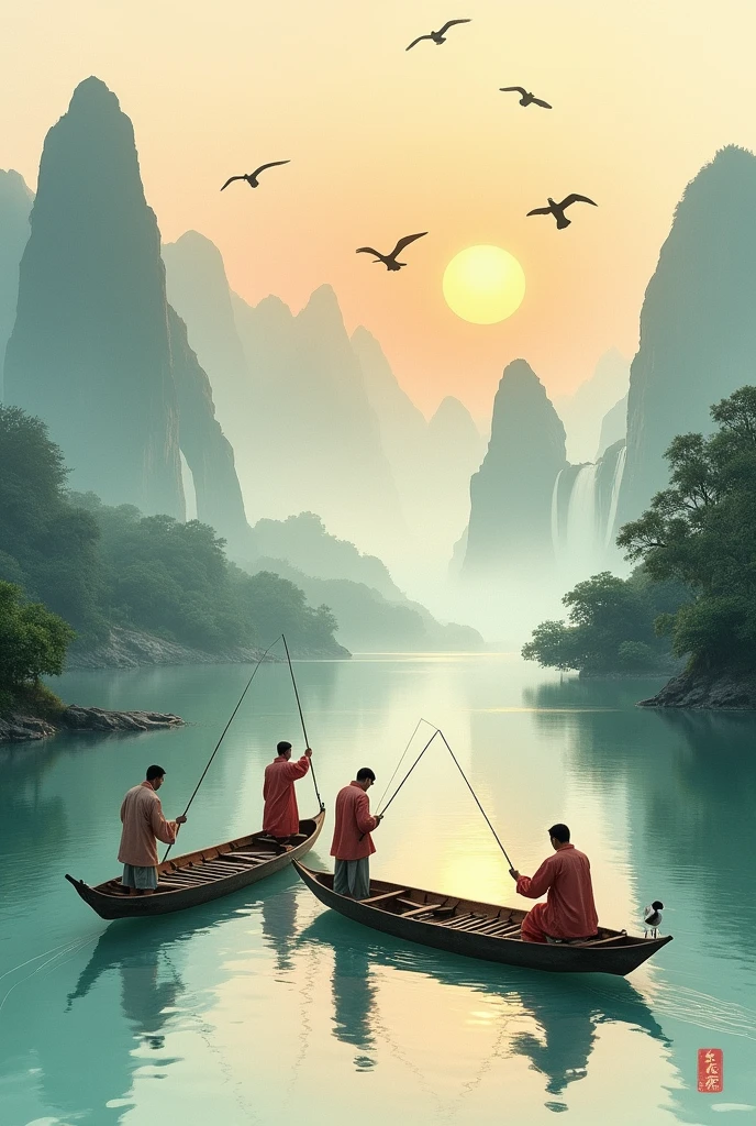 Chinese landscape painting, fishermen in raincoats fishing on a calm river, fishermen standing on a canoe, composition from far to near, sunset in the distance, wild geese, mountains and waterfalls, a fish bird standing on a canoe
