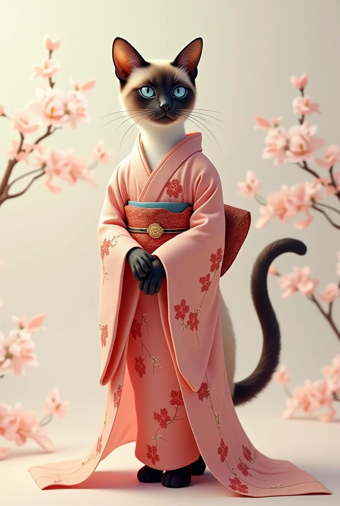 A sleek Siamese cat wearing an elegant Japanese kimono, adorned with cherry blossom patterns in soft pastel colors. The cat is walking on two legs with a poised expression, showing off the intricate obi tied at the back.