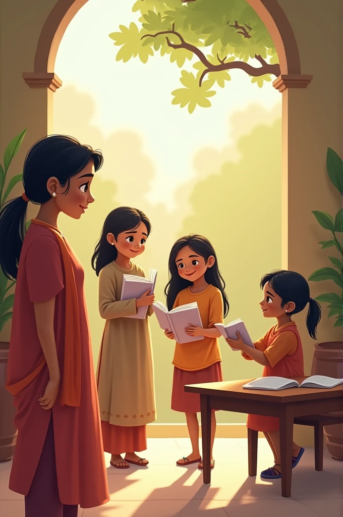 Aarti looking hopeful and content, with images of her daughters—Suman studying in a university setting and Poja preparing for exams. The family is shown in a harmonious setting, indicating a positive change.