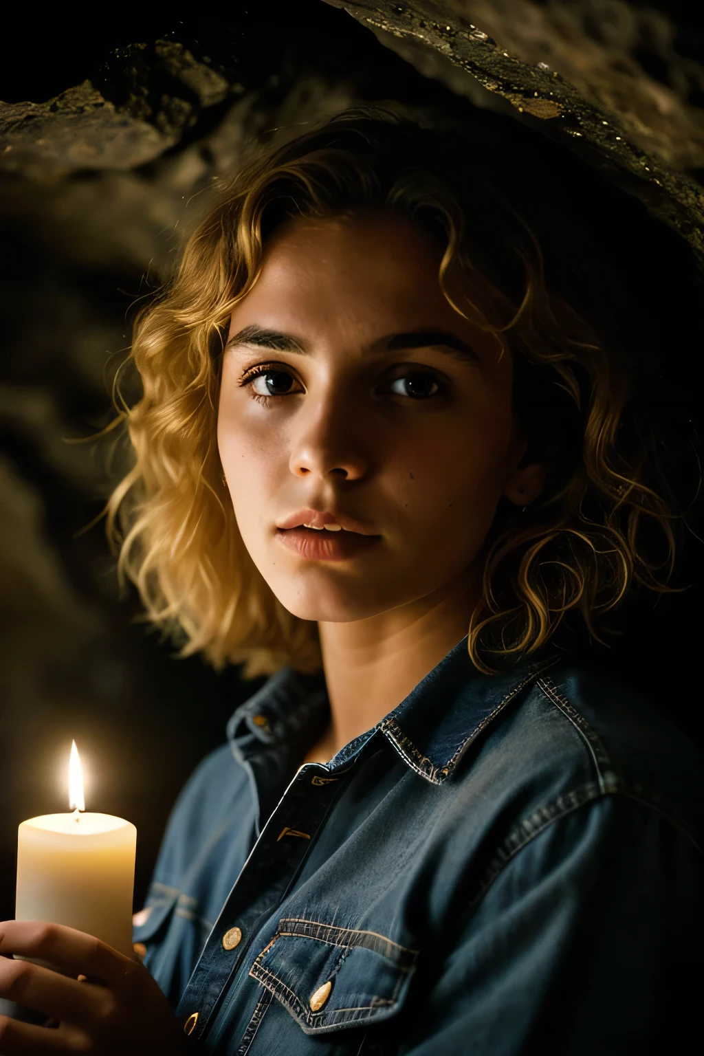 photograph of a woman, (troubled facial expression), textured skin, goosebumps, blonde afro hair, plaid flannel shirt with distressed boyfriend jeans, cowboy shot, dark and mysterious cave with unique rock formations and hidden wonders, perfect eyes, (candlelight,chiaroscuro), Porta 160 color, shot on ARRI ALEXA 65, bokeh, sharp focus on subject, shot by Don McCullin