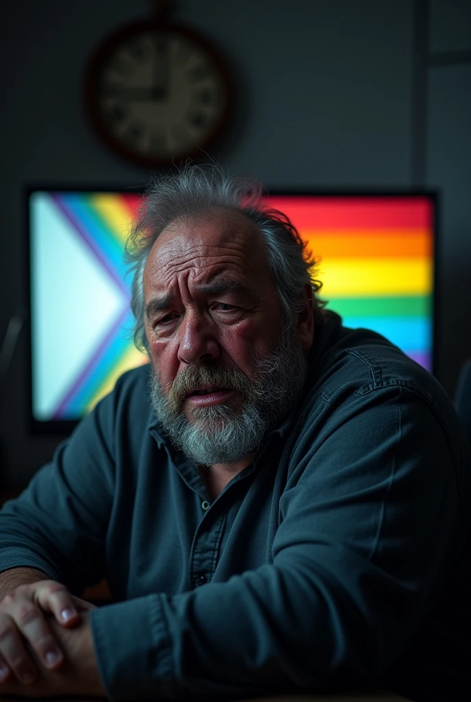 Fat ugly white guy crying infrlm of monitor having rainbow flag in background, make it better