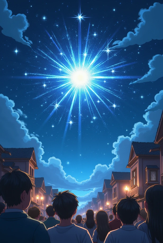 The townspeople are outside, they saw Bituina turning into stars flying in the sky. Their faces are full of admiration and happiness while looking at the beautiful stars in the sky.