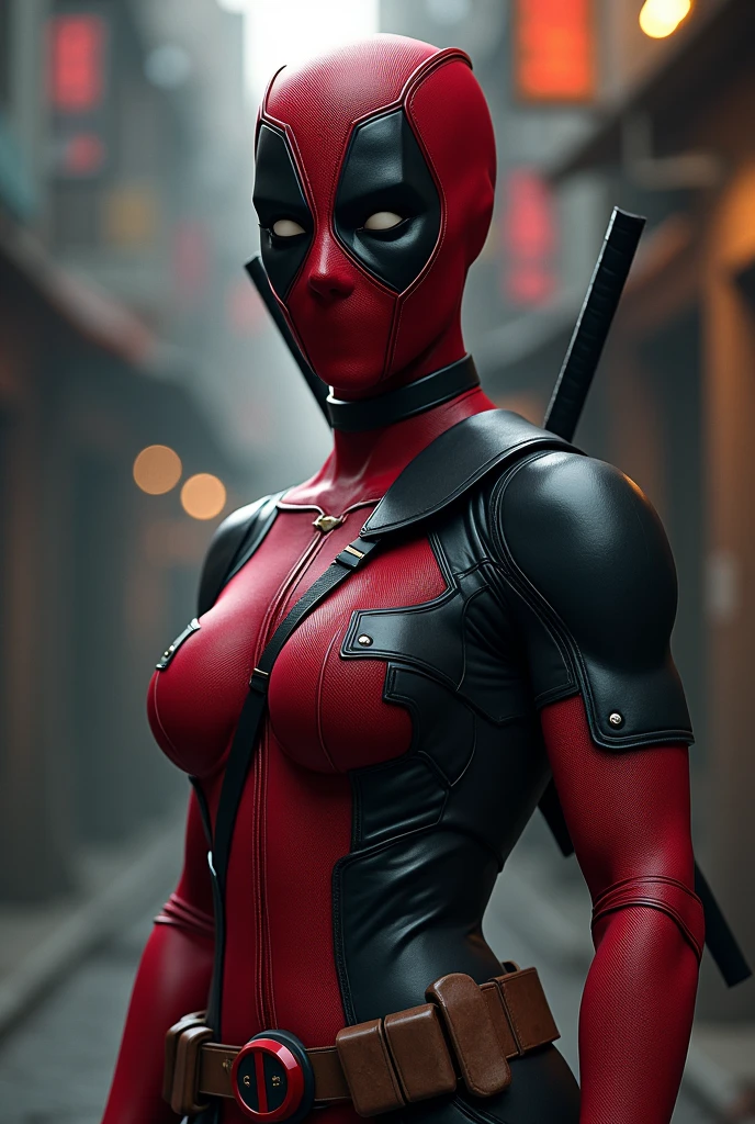 Lady Deadpool, unreal engine 5, digital art, 8k resolution concept art, Natural Lighting, Beautiful Composition, cinematic, concept art, breathtaking, splash art, high contrast, colorful polychromatic, ultra detailed, ultra quality, CGSociety head and shoulders portrait, 8k resolution concept art portrait by Greg Rutkowski, dynamic lighting hyperdetailed intricately detailed Splash art trending on Artstation triadic colors Unreal Engine 5 volumetric lighting""