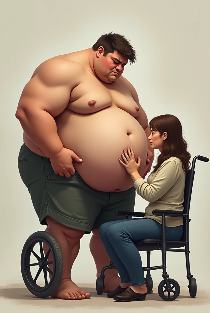 A attractive young man with an enormous big belly is trying to stand up from his wheelchair. But he can’t. A women is trying to help him, by holding his big belly.They both look sad. She is sitting in front of him. 