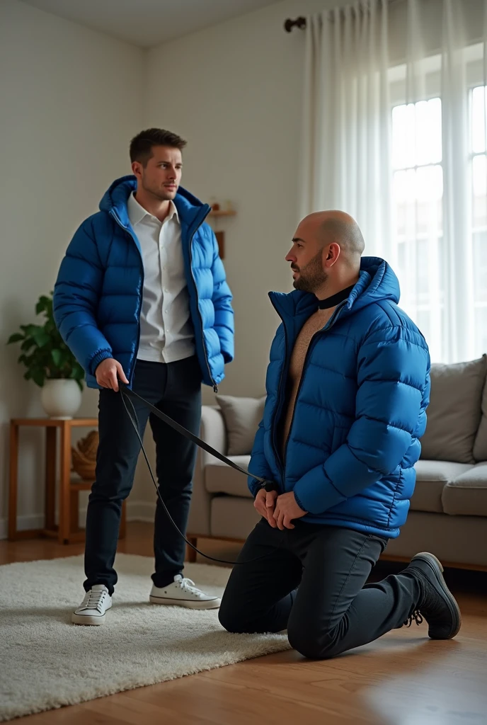 Create a hyper-realistic, RAW, high-resolution image showing two extremely handsome masculine simple, brightly lit living room. The wonderful and seductive uncle, 4, with short hair and signs of baldness, wears dark pants and an *extremely shiny blue nylon puffer jacket* open that exposes his hairy chest and slightly prominent belly. He is kneeling on the ground, *wearing a collar around his neck*, being pulled by his handsome and domineering nephew, a handsome 2 man with a naturally attractive physique, *dressed in a dress shirt and dress pants*, with a visible posture of dominant next to his wonderful, sensual and submissive uncle. (((The *handsome nephew pulls his uncle's leash with a confident and authoritative expression*, while his uncle, *kneeling*, looks up with a submissive expression))). The room has high natural lighting, with natural and comfortable decoration that enhances the realism of the scene. The image must capture every detail accurately, highlighting the interaction and role contrast between the two men. The *handsome nephew in formal clothes pulls his wonderful uncle's leash with a confident and authoritative expression*, while his uncle, wearing ONLY a pants and an EXTREMELY SHINY BLUE NYLON PUFFER JACKET, *kneeling*, looks up with a submissive expression. High resolution, Super detail, Best quality, Anatomically correct, Accurate.
