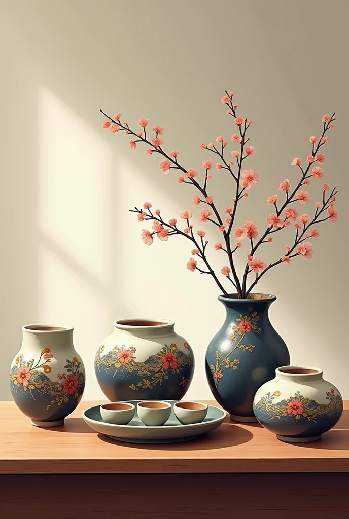 An illustration of Arita-yaki ceramics displayed on a table. The scene features beautifully crafted Japanese pottery, showcasing intricate designs and delicate patterns typical of Arita-yaki. The ceramics are placed elegantly on a wooden table, reflecting the fine craftsmanship and traditional artistry of Japanese pottery. The background is simple, allowing the focus to remain on the ceramics, with soft lighting that highlights the smooth, glossy surfaces and the detailed artwork on each piece.