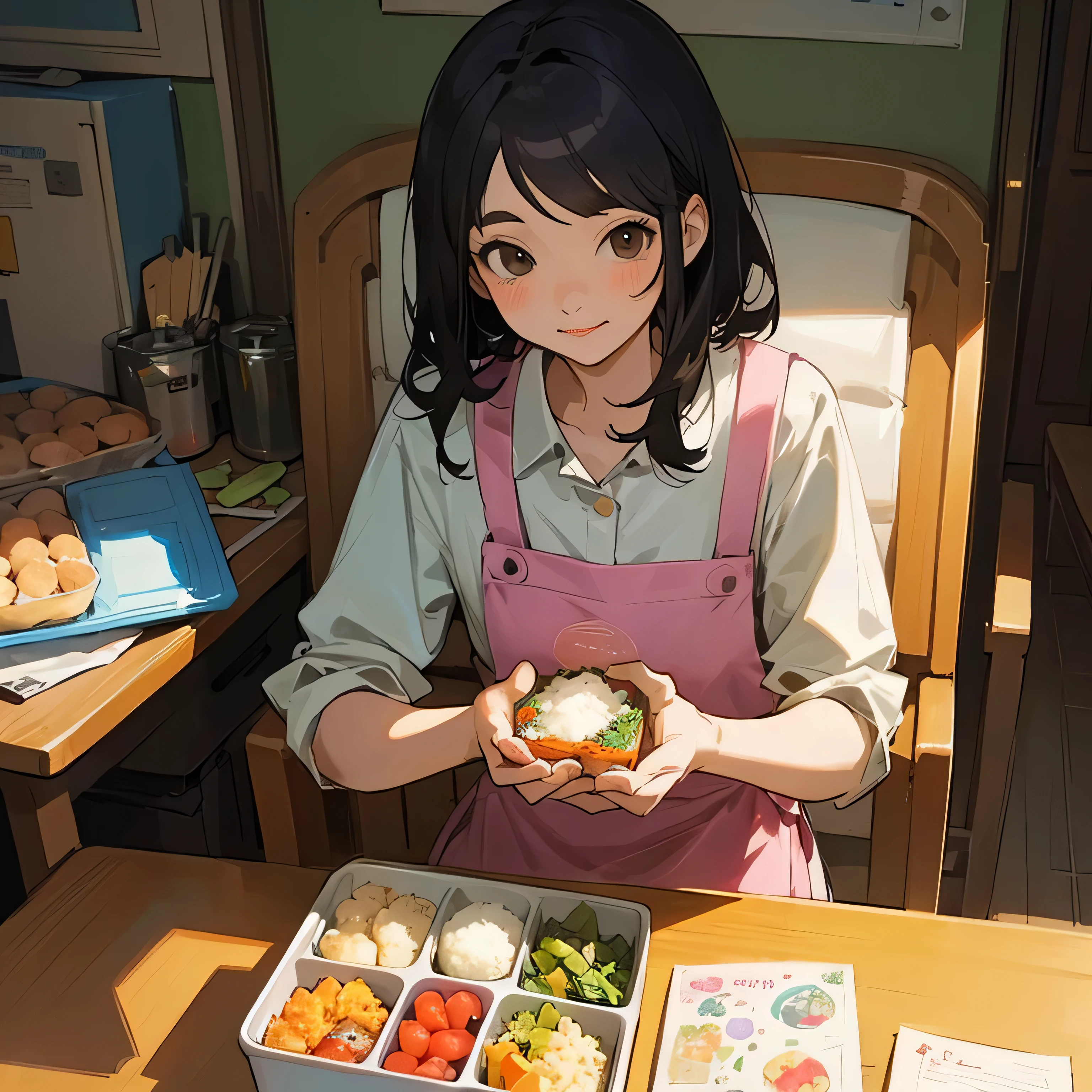 Illustrations for children's picture books,realistic, detailed illustration,A warm, sunlit kitchen where Aya's young mother is lovingly preparing a colorful bento box. She's carefully arranging cute animal-shaped rice balls and vibrant vegetables. In a smaller, inset image in the corner, a younger Aya with long black hair is shown sitting at a table, happily eating the bento with a big smile on her face. The scene is filled with soft, nostalgic colors and a gentle, loving atmosphere, pink apron,brown hair, short hair,(focus on lunch box:1.2)., hand-painted style, digital art touch,(illustration:1.5), (Watercolor:1,2)