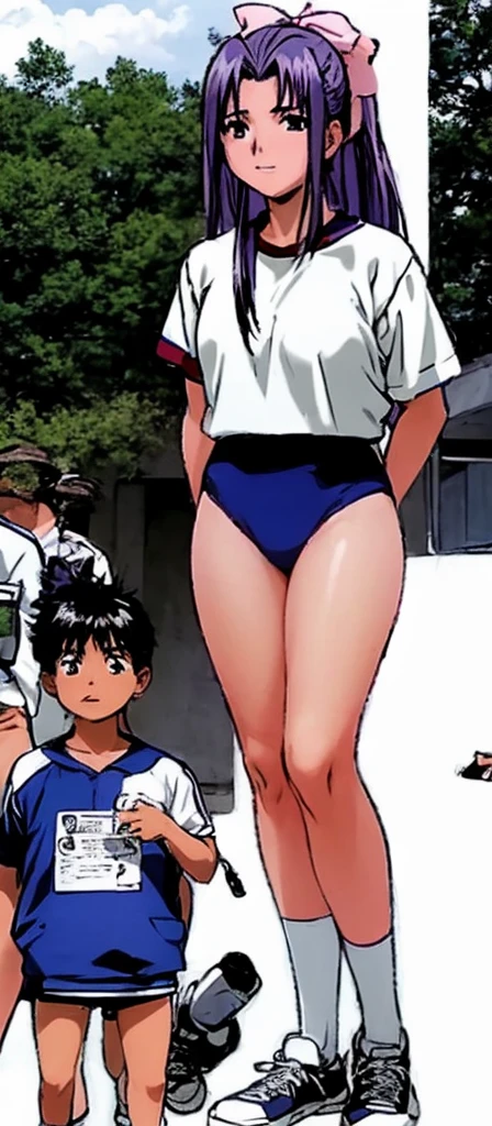 Momoko Koigakubo, a tall girl with beautiful legs, stands in a white gym uniform and light navy blue bloomers that look like panties.。A second-grade boy wearing a tracksuit is standing next to Momoko Koigakubo and is being held by her.。