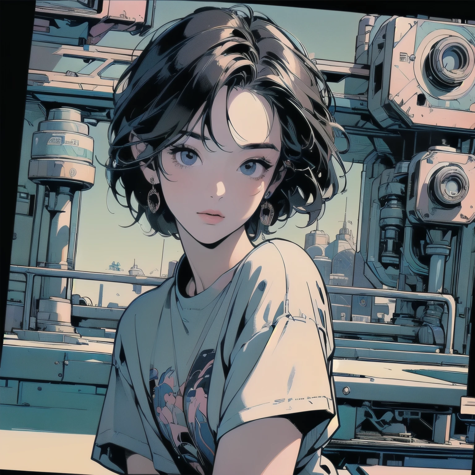 (((masterpiece, Highest quality)))、(((32K Wallpapers)))、The most detailed machine、(((The most detailed and colorful futuristic machine and a woman)))、The most detailed background、(((Flat Chest)))、(((Surrounded by many complex, sophisticated, futuristic machines)))、head shot,((((more various angle))))、A perfect machine、(((Completed and detailed beautiful face)))、(((The most complete machine of the future)))、Detailed Hair、アニメ、mysterious、(((Dull colors)))、(((highlight)))、(((Short sleeve shirt)))、High resolution,
