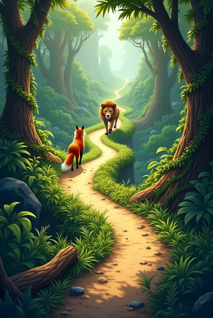 Create two paths in the jungle. One should be narrow and winding (the fox’s shortcut), while the other is broader and more direct (the lion’s path). These paths should converge in the distance, near the finish line, where the fox is closer to victory.