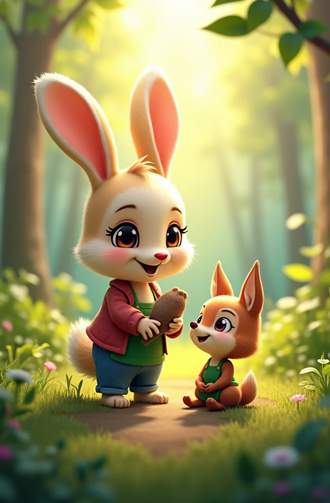 Anthropomorphic squirrel, wearing a green apron, holding a nut; anthropomorphic fox, wearing a red jacket, smiling; bunny wearing blue overalls; three animals talking in the forest, sunlight filtering through leaves