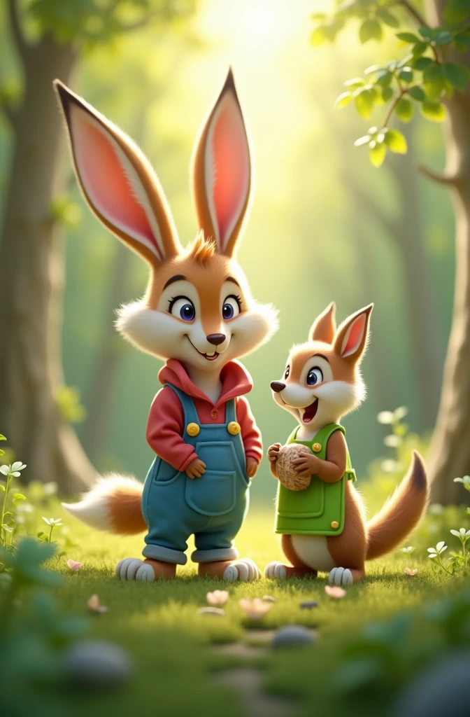 Anthropomorphic squirrel, wearing a green apron, holding a nut; anthropomorphic fox, wearing a red jacket, smiling; bunny wearing blue overalls; three animals talking in the forest, sunlight filtering through leaves