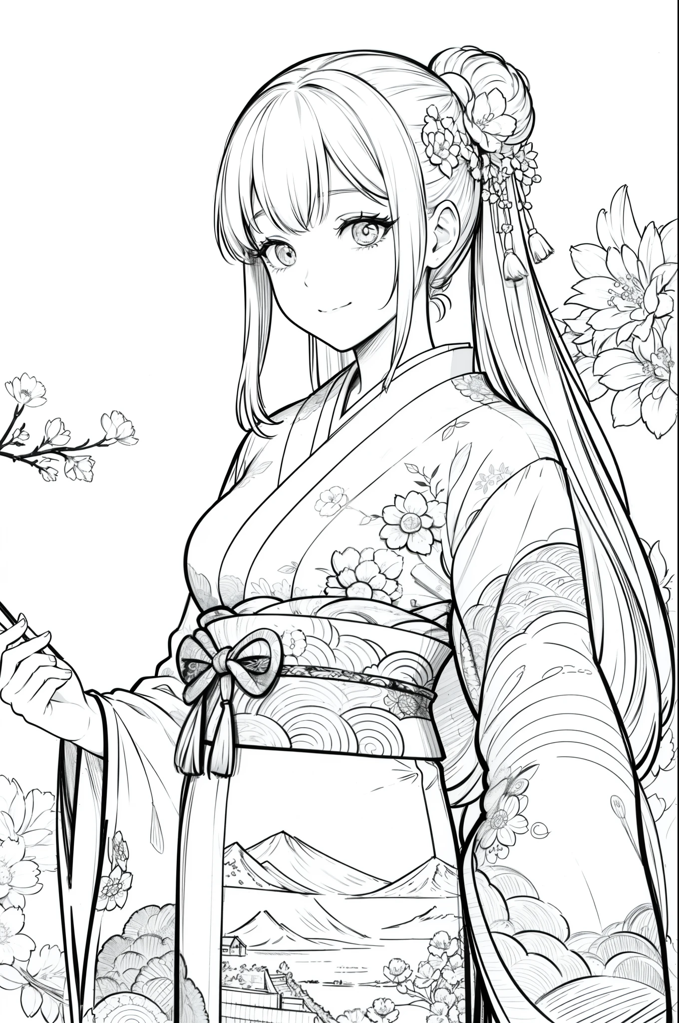 Masterpiece, top class, unique, cute, flowers, line drawing background, white background, monochrome, line drawing, ((sketch)), creepy, white eyes, create a monochrome coloring book that even adults can easily do, a realistic and cute ukiyo-e of a smiling girl wearing a kimono with Mount Tsukuba in the background, hold it in your hand with your smartphone and convey Japanese culture.