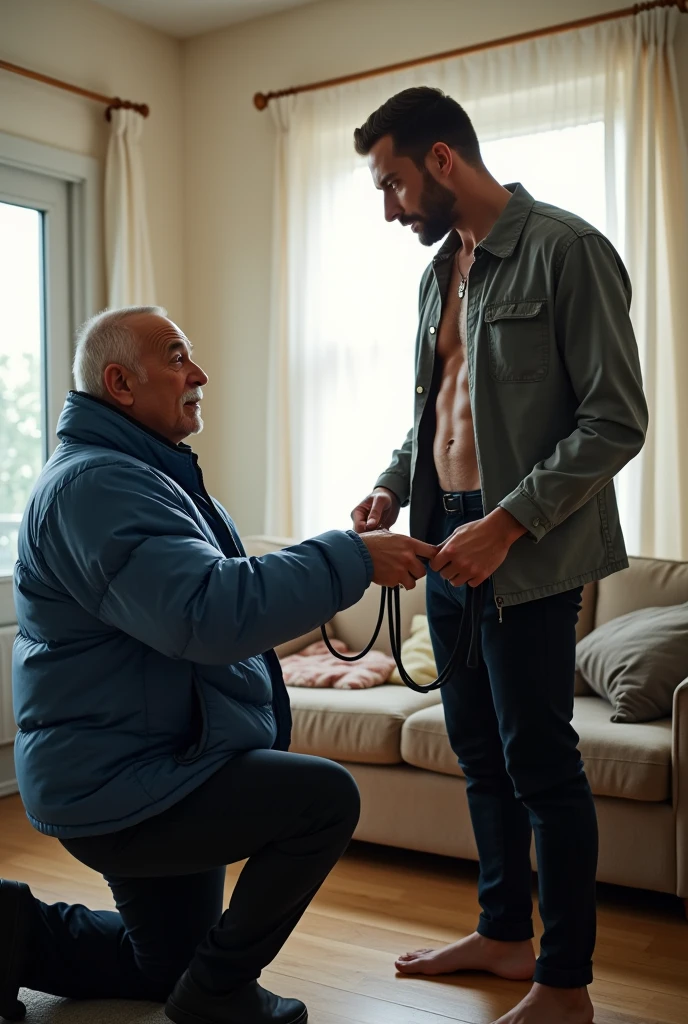 Create a hyper-realistic, RAW, high-resolution image showing two extremely handsome masculine  simple, brightly lit living room. The wonderful and seductive uncle, 42, with short hair and signs of baldness, wears dark pants and an *extremely shiny blue nylon puffer jacket* open that exposes his hairy chest and slightly prominent belly. He is kneeling on the ground, *wearing a collar around his neck*, being pulled by his handsome and domineering nephew, a handsome 28 man with a naturally attractive physique, *dressed in a dress shirt and dress pants*, with a visible posture of dominant next to his wonderful, sensual and submissive uncle. (((The *handsome nephew pulls his uncle's leash with a confident and authoritative expression*, while his uncle, *kneeling*, looks up with a submissive expression))). The room has high natural lighting, with natural and comfortable decoration that enhances the realism of the scene. The image must capture every detail accurately, highlighting the interaction and role contrast between the two men. The *handsome nephew in formal clothes pulls his wonderful uncle's leash with a confident and authoritative expression*, while his uncle, wearing ONLY a pants and an EXTREMELY SHINY BLUE NYLON PUFFER JACKET, *kneeling*, looks up with a submissive expression. High resolution, Super detail, Best quality, Anatomically correct, Accurate.