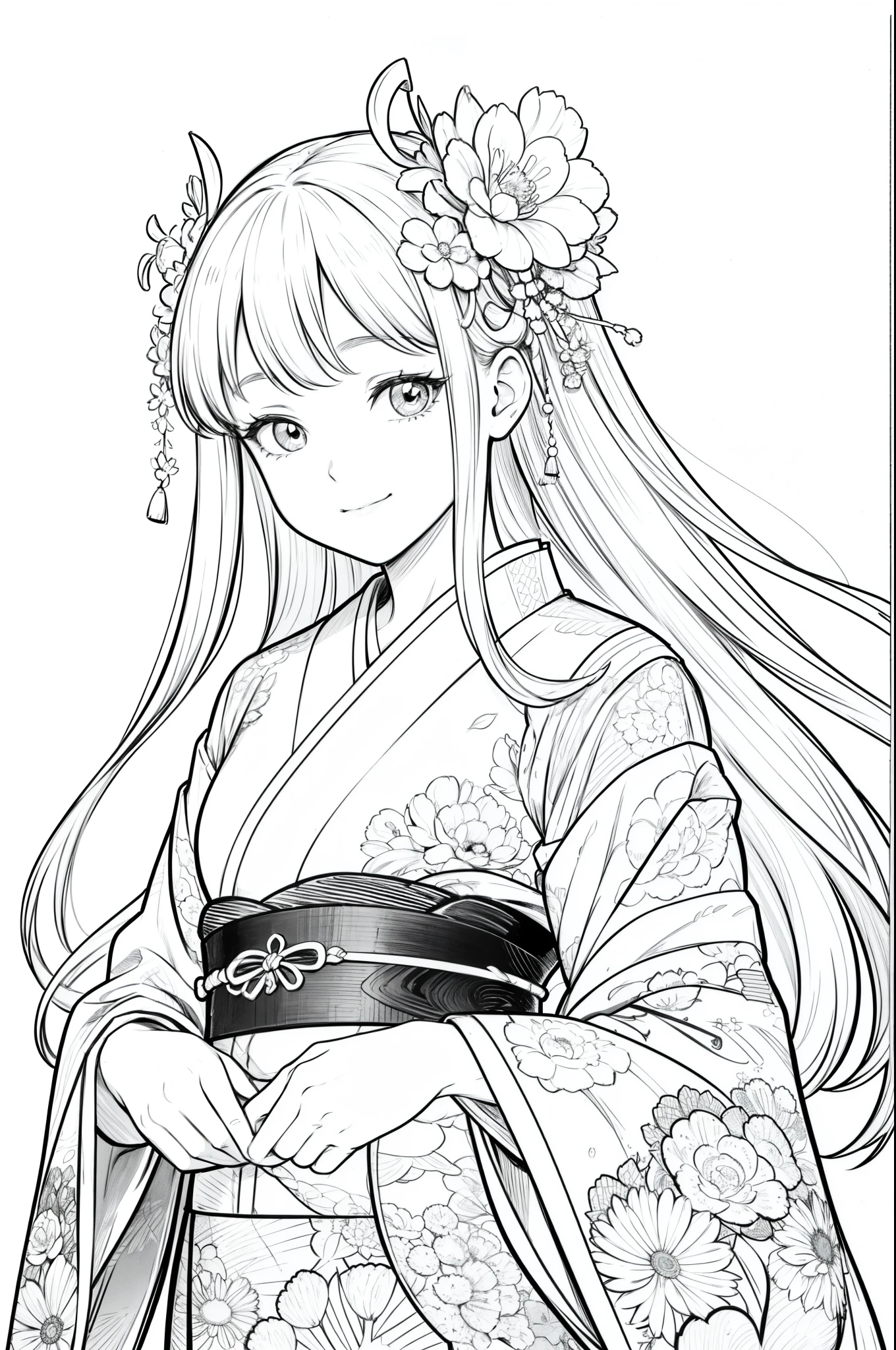 Masterpiece, top class, unique, cute, flowers, line drawing background, white background, monochrome, line drawing, ((sketch)), creepy, white eyes, create a monochrome coloring book that even adults can easily do, a realistic and cute ukiyo-e of a smiling girl wearing a kimono with Mount Tsukuba in the background, hold it in your hand with your smartphone and convey Japanese culture.