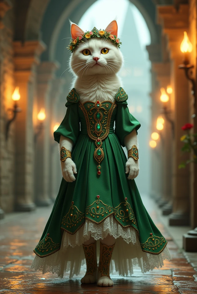 A white cat walking on her hind legs in a medieval European castle, wearing a traditional Celtic bridal gown. The cat is adorned with gold and emerald jewelry, a flowing green dress with intricate embroidery, a wreath of flowers on her head, and lace-up boots. The background features stone walls and torches."


