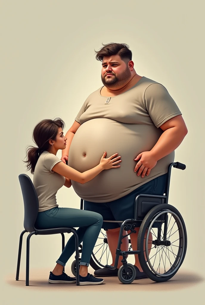 A attractive young man with an enormous big belly is trying to stand up from his wheelchair. But he can’t. A women is trying to help him, by holding his big belly.They both look sad. She is sitting in front of him.