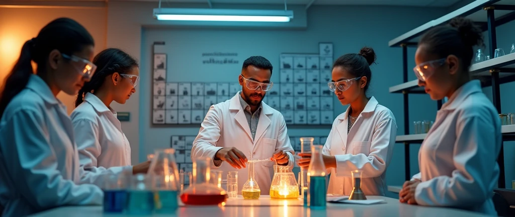 a detailed chemistry laboratory in an Angolan school, highly realistic, 1 male teacher,1 female teacher,3 students, modern equipment, complex chemical experiments, periodic table on the wall, beakers, test tubes, safety goggles, white lab coats, intricate details, HDR, 8K, photorealistic, cinematic lighting, dramatic shadows, warm color tones