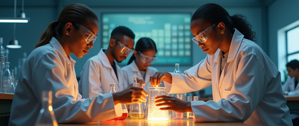 a detailed chemistry laboratory in an Angolan school, highly realistic, 1 male teacher,1 female teacher,3 students, modern equipment, complex chemical experiments, periodic table on the wall, beakers, test tubes, safety goggles, white lab coats, intricate details, HDR, 8K, photorealistic, cinematic lighting, dramatic shadows, warm color tones