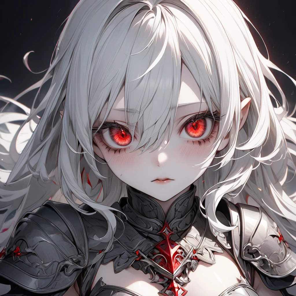 Highest quality, wonderful_delicate, wonderful delicate eyes, Super detailed, beautiful, 8k , One girl, Red eyes, evil, Facial Contour, シャープなフォーカス 完璧なボディを持つbeautiful女性, Slim abdomen, Highly detailed face and skin texture, Detailed eyes, albino, ((Long white hair, White skin, Red eyes)), Knight, Black magic sword, (A great sword engraved with red runes.), Crazy Eyes, Troublesome Cheeks, Wearing a gray robe
