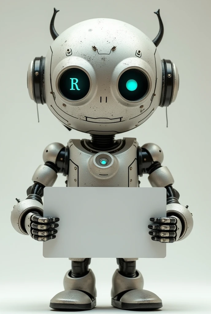 Generate a simple robot with two eyes shaped like the letter d and another eye shaped like the letter r, technologically repaired by itself, holding a beautiful sign with nothing written on it.