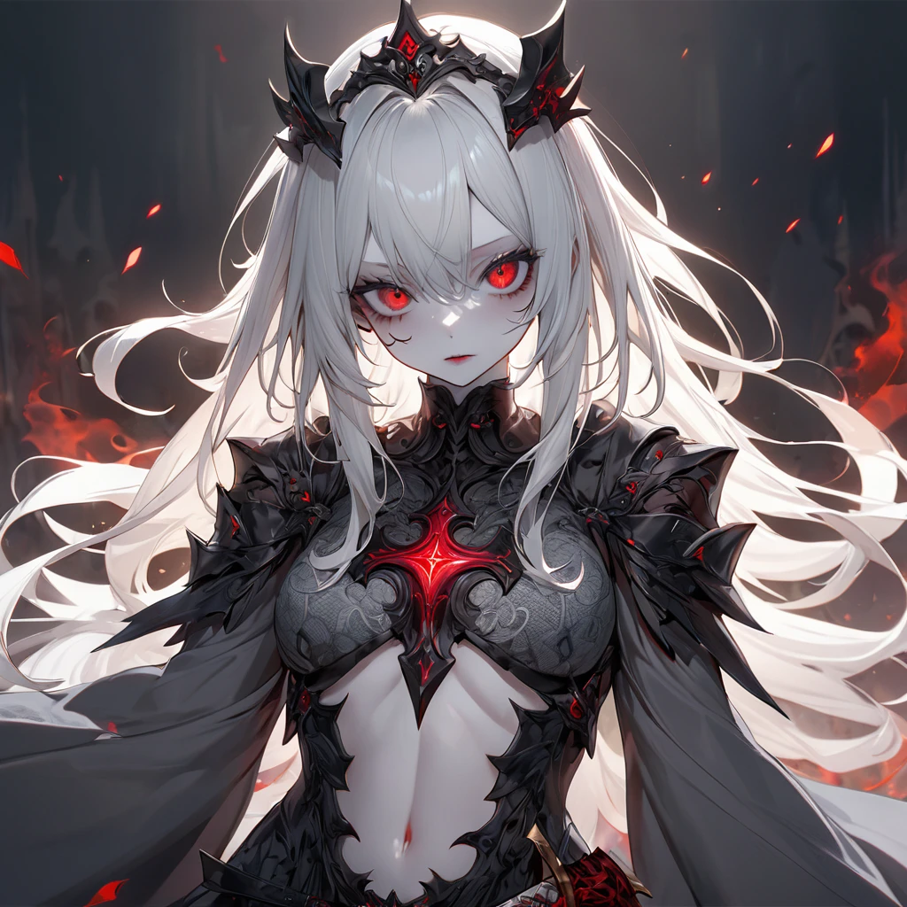 Highest quality, wonderful_delicate, wonderful delicate eyes, Super detailed, beautiful, 8k , One girl, Red eyes, evil, Facial Contour, シャープなフォーカス 完璧なボディを持つbeautiful女性, Slim abdomen, Highly detailed face and skin texture, Detailed eyes, albino, ((Long white hair, White skin, Red eyes)), Knight, Black magic sword, (A great sword engraved with red runes.), Crazy Eyes, Troublesome Cheeks, Wearing a gray robe