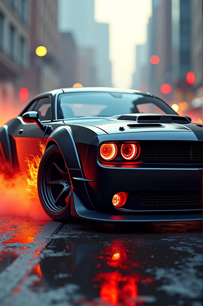 A muscle car with red headlight and flame tires with full picture also in 8k quality