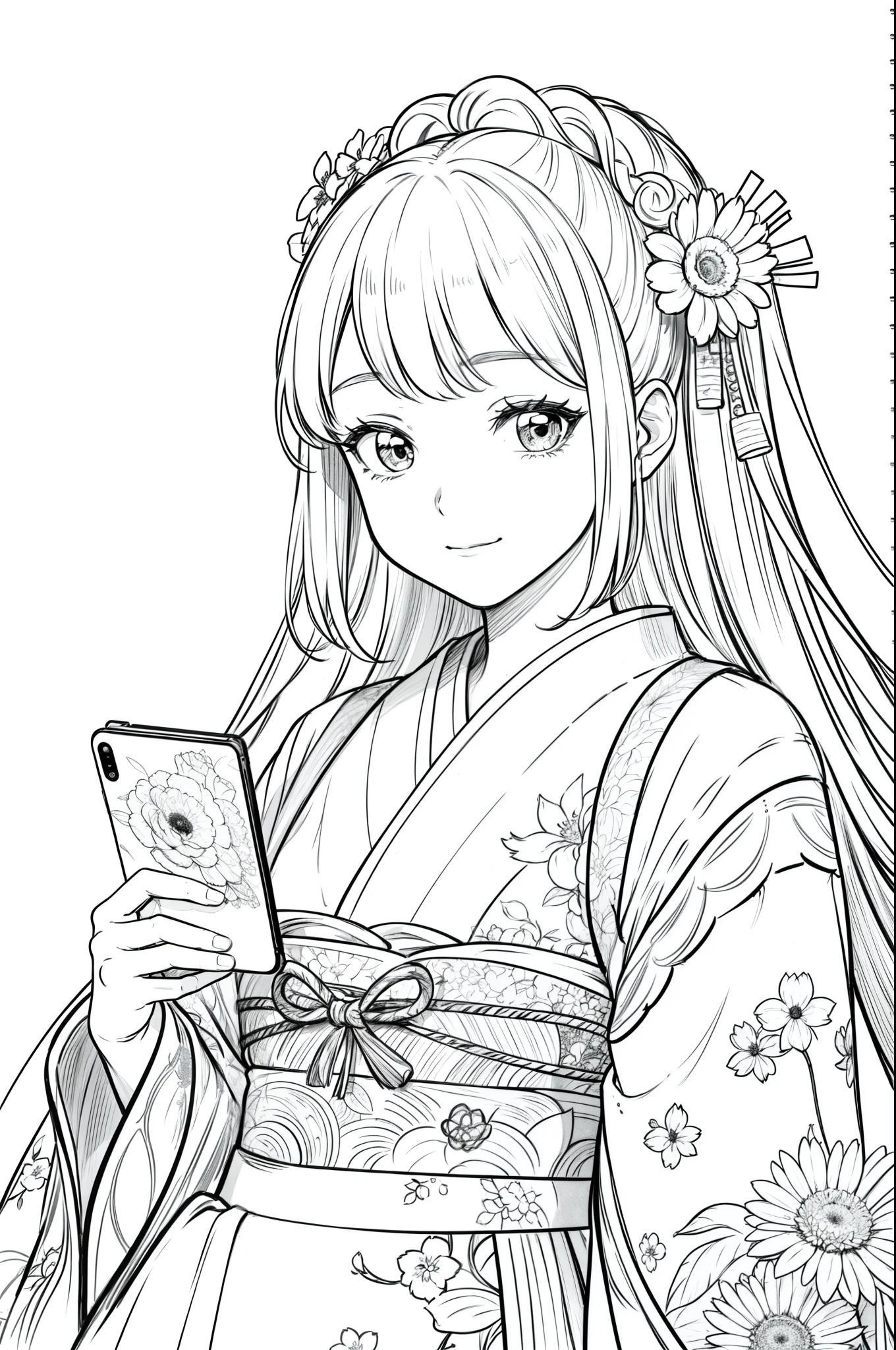 Masterpiece, top class, unique, cute, flowers, line drawing background, white background, monochrome, line drawing, ((sketch)), creepy, white eyes, create a monochrome coloring book that even adults can easily do, a realistic and cute ukiyo-e of a smiling girl wearing a kimono with Mount Tsukuba in the background, hold it in your hand with your smartphone and convey Japanese culture.