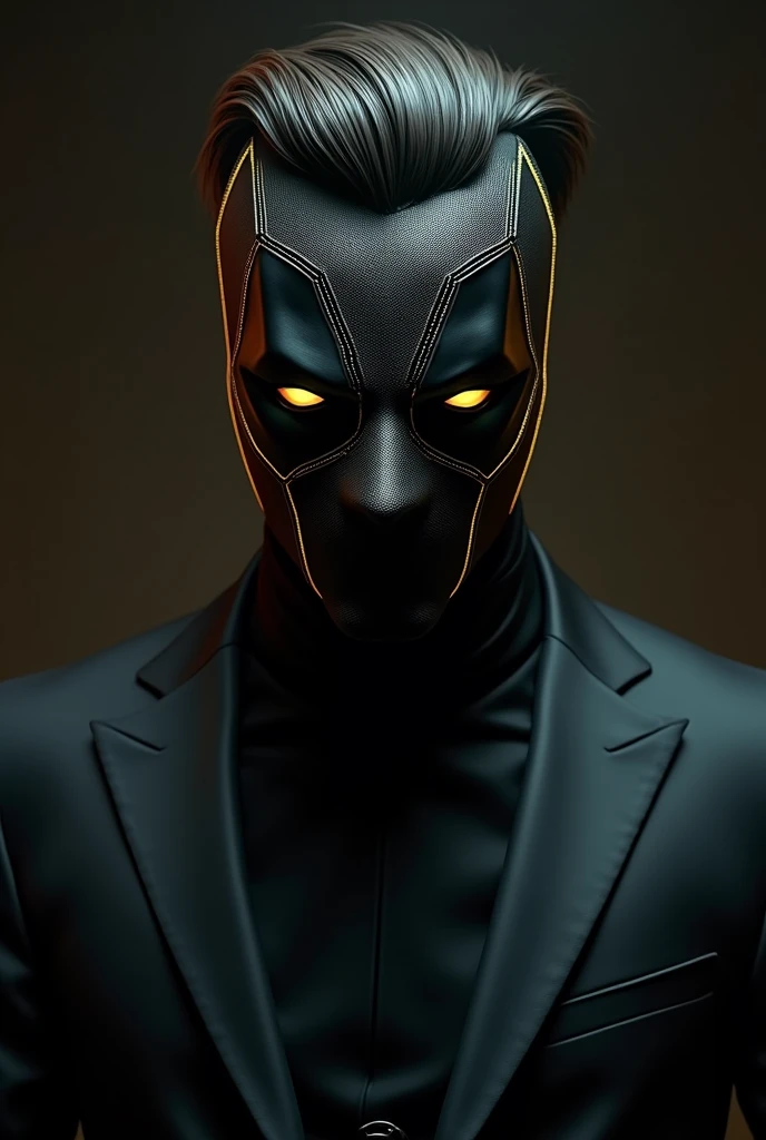 Deadpool with a sleek black mask with golden veins. His hair is styled in a fashionable way, and he's wearing a sharp black suit. His face is hidden behind the mask, but his eyes are visible and have a mischievous glint. The background is a dark and mysterious setting."