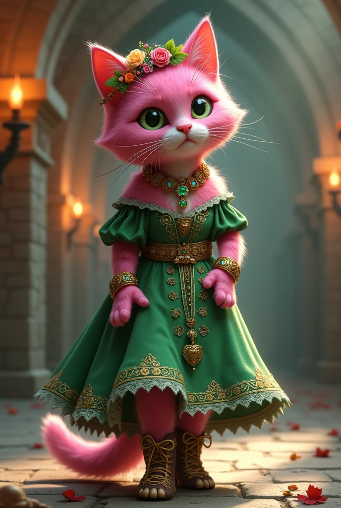 A Pink cat walking on her hind legs in a medieval European castle, wearing a traditional Celtic bridal gown. The cat is adorned with gold and emerald jewelry, a flowing green dress with intricate embroidery, a wreath of flowers on her head, and lace-up boots. The background features stone walls and torches."