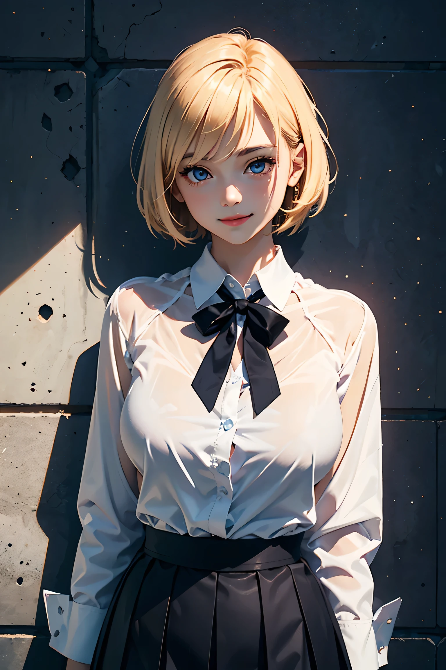(masterpiece:1.2, Highest quality), (Realistic photos), Beautiful illustrations, (Natural side lighting, Cinema lighting),High detail、detailed、1 girl, Japanese、20-year-old female, Perfect Face, Symmetrical cute face, Glowing Skin, (Blonde Short Hair), Dark blue eyes, (Huge breasts:1.1), Slender build, Flowing bangs、Beautiful Hair, Beautiful Face, Fine and beautiful eyes, Beautiful body, Beautiful breasts, (White collared shirt、Small black ribbon、Navy blue pleated skirt、Black tights),smile、Blushing、Stand against a wall、Concrete wall