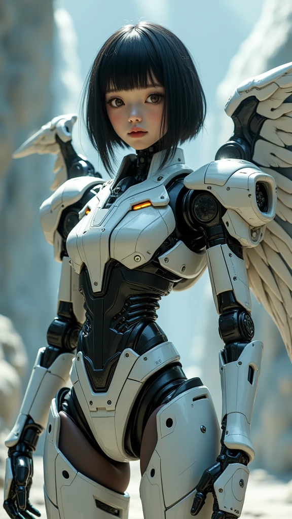 japanese high school girl wears only a futuristic Gundam Mecha,(Gundam Mecha:1.4 ), (gundam style:1.4) ,with headgear,with gundam style v-fin on the forehead, (mechanical wings:1.4 ),, biomechanics ,( biomechanics thighs) ,mechanical shins and feet,visible cleavage,visible groin, android heroine, fully robotized!! girl, perfect android girl, small details. , (cute:1.2), (bob cut:1.3), Black Hair, Thick eyebrows, Light brown iris, Big, bright black eyes, Long eyelashes, Small, light-colored, natural lips, ((Average face of Japanese idols)), (The uniquely Japanese childlike face:1.3), (baby face:1.1), Wide forehead:1.2, Plump Cheeks, Small jaw, Detailed thighs,Slim body, in the hangar,looking at viewer,Focus on the eyes, high quality, (RAW photo, best quality), (realistic, photorealistic: 1.4), (extremely delicate and beautiful: 1.4), amazing, fine details, masterpiece, ultra detailed, high resolution, best illustration, best shadow, intricate, ( extremely intricate: 1.2), (exquisitely detailed skin), cinematic light, perfect anatomy, (cool color: 1.4), sharp focus, 8k UHD, DSLR, (Fujifilm XT3),Epic Fantasy Art Style HD, 4K fantasy art, epic fantasy digital art style, epic fantasy art style, Fantasy Woman, epic fantasy art portrait, Epic fantasy style, hyperrealistic fantasy art, hd fantasy art, Epic fantasy character art, epic fantasy art, in style of dark fantasy art, epic fantasy digital art, (estilo cinematográfico :1.4), (efectos cinematográfico :1.4), (colores cinematográfico), ,(Fondo de ruinas de mazmorra en ruinas piedras grandes apocalíptico planeta alienigena :1.4 ), (ciberpunk planeta alienigena piedras rojas :V2.1), (estación central laboratorio alienigena :1.4), Mechanical vertebrae attached to the back, mechanical cervical attachment to th