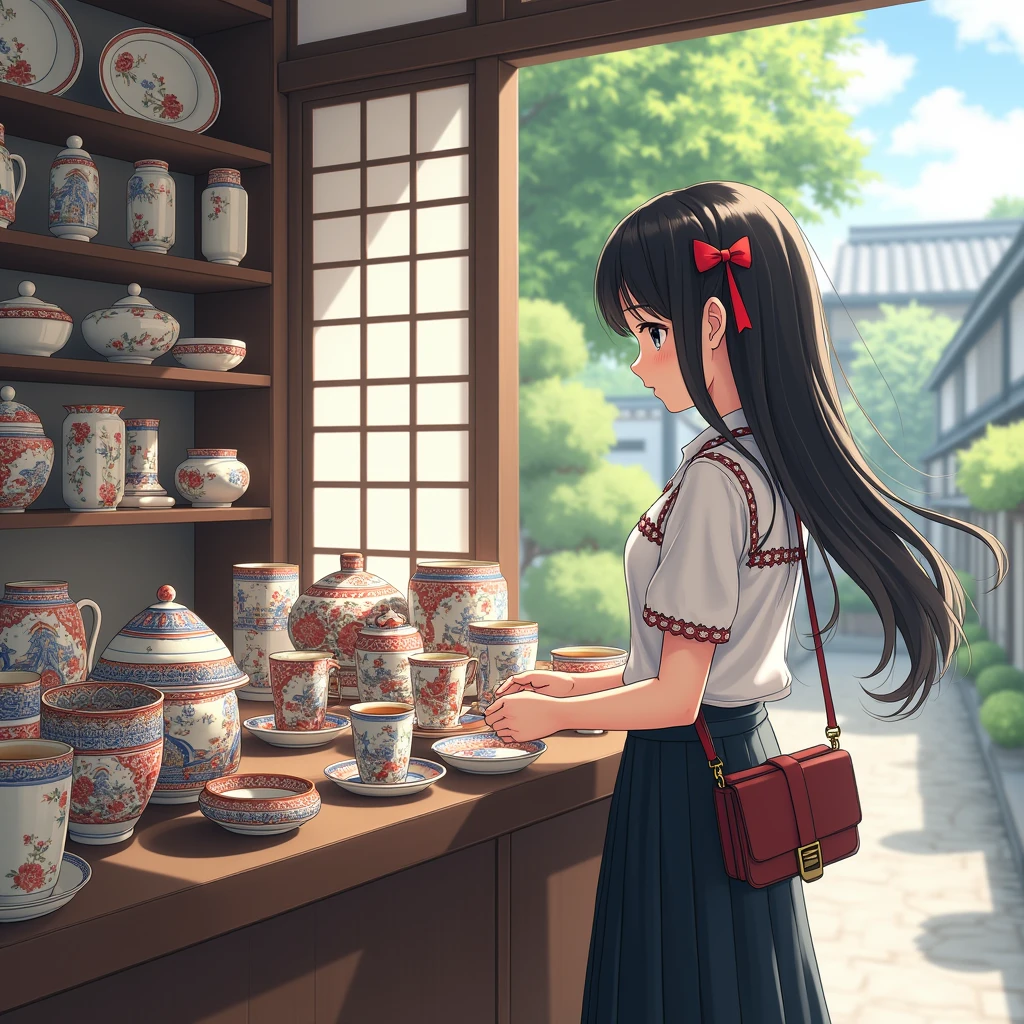Anime Style, Realistic Background, Beautiful views.
A girl looking at ceramics, Place your hands in front of your thighs.
She is wearing a white collarless blouse with short sleeves and pretty embellishments.. No pleats, mid black flare skirt, Casual clothes.
Her hair style is low twintails with red ribbons, low pigtails, very long length and black.
Bag on the shoulder, Late teens, Small breasts, Has dark brown eyes.
trip, Japanの陶磁器, Kutani ware ceramics, dish, Bowl, Cup, shop, indoor, Japan, door, window, street,
Summer vacation, Daytime.
from side.