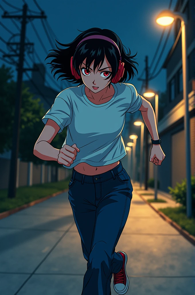 1 anime girl. With short black hair and red eyes, wearing boys&#39; clothes, she runs on the sidewalk at night and wears headphones.