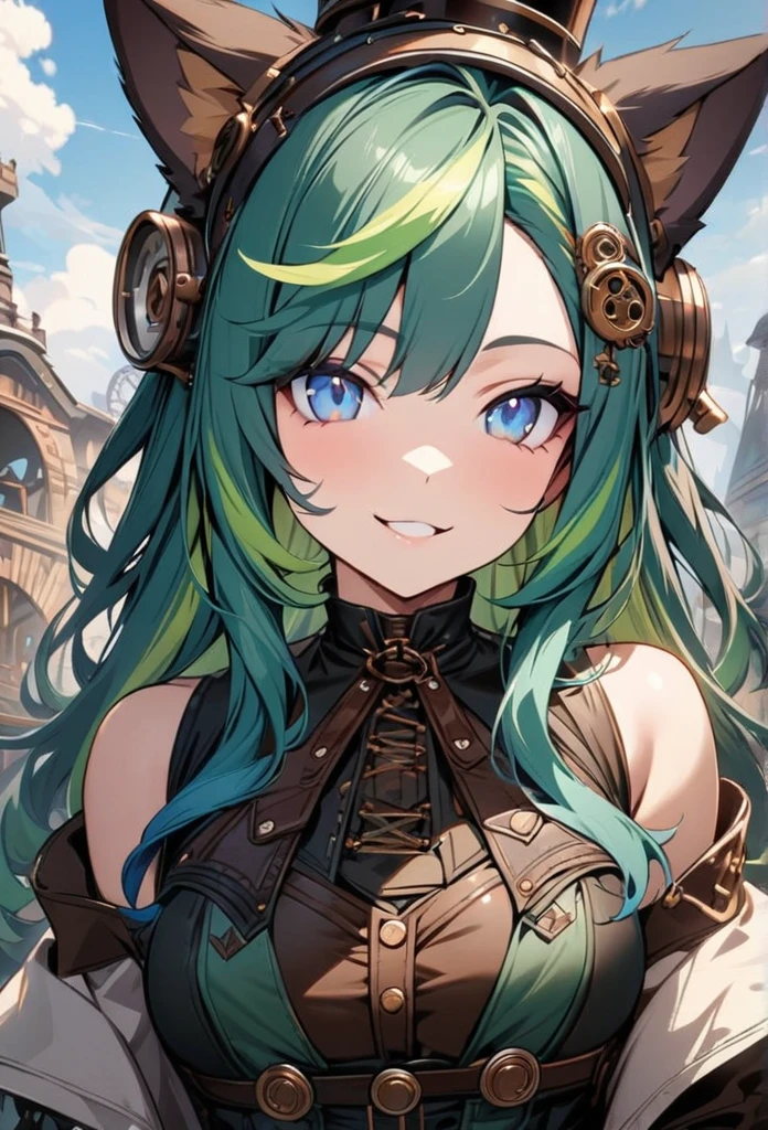 Solo, 1girl, blue mix with green hair, multicolored hair, blue eyes, (((high quality))), masterpiece, detailed face, steampunk style, fantasy design, fantasy clothes, Smile, Cat Ears