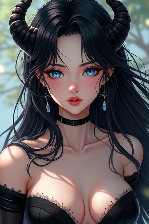 1 girl, Alone, Long hair, breasts, looking at the viewer, seductive smile,blue eyes, black hair, hair between eyes, earrings, horns, High resolution, masterpiece, HD Model, big breasts, make-up, licking lips, jewelry, mole under the mouth,