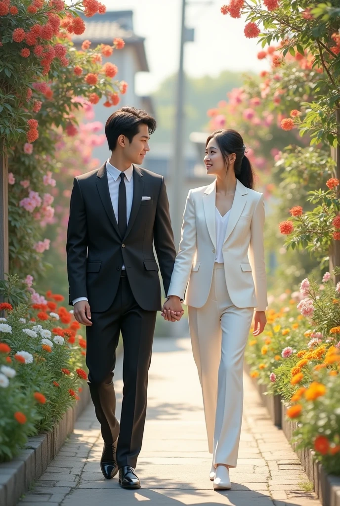 Young Korean man in a white suit and white shirt, and a white tie in white shoes, walks close to his tall friend, who is dressed in a black suit with a white shirt and a black tie in black shoes, They hold hands and walk along an alley of different small flowers