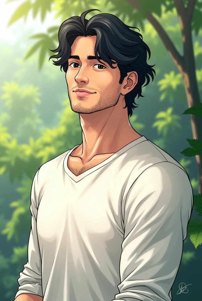 male, adult man, light skin, gentle eyes, black eyes, small eyes, ethereal, smiling, stubble beard, muscle body, black hair, wavy hair, medium length hair,white shirt with long sleeve, relaxed pose, manga style, light colors, garden background, light lighting