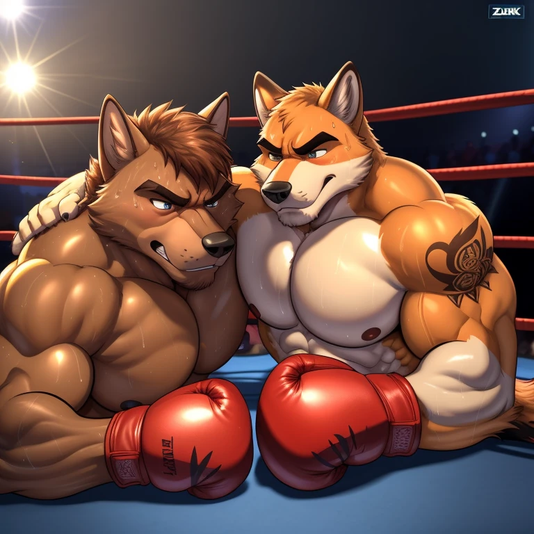 Duo male(Red Wolf vs Brown Dog), handsomes(handsome hairstyle, Thick eyebrows, detailed face), gay(Lying down on the ground, cuddling bodies on a ring, side to side, after of finish a boxing match), hot(Shirtless), handsomes(They are handsomes, correct anatomy), musculosos(Big muscle bodies, Six packs, muscle abs, big pecs), sweaty(very sweaty wet bodies, shiny sweat), tatuajes(they have tattoos), grumpy(Both have an grumpy expression, showing grumpy teeths, steaming breath), boxing gloves(They both are wearing boxing gloves), Hight resolution, by(Zourik:1.1)
