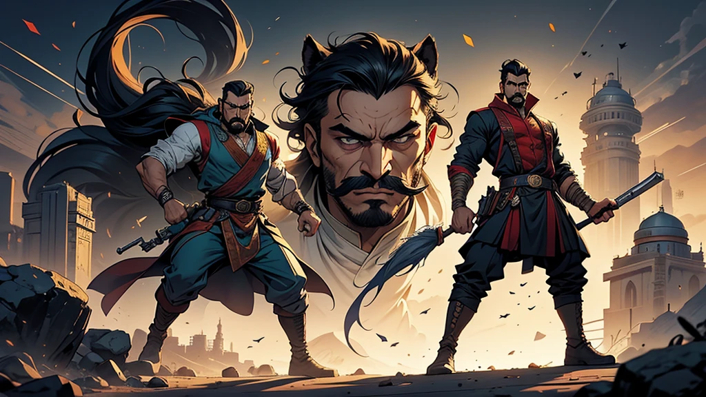 Create a digital painted comic-style illustration featuring Qadeer Khan, a formidable Pakistani villain. He has grey eyes, short black hair, and a long face with a strong jawline, complemented by a handlebar mustache. Standing at 6 feet tall with a muscular build, Qadeer exudes pride and intensity. He is dressed in a traditional grey shalwar kameez and hunter’s boots, wielding a hunter’s rifle in a dynamic, confident pose. The illustration should include multiple full-body poses in a pulp style, showcasing his powerful presence and villainous nature.