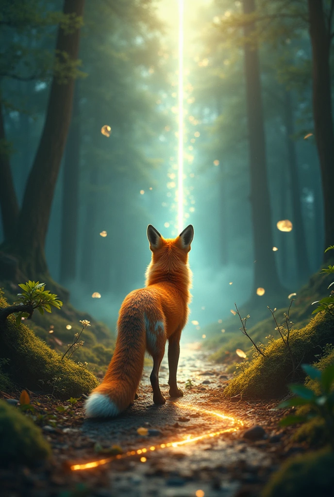 Depict a clear, symbolic finish line ahead, perhaps marked by an ancient fallen tree or a ray of light that the fox is about to cross.