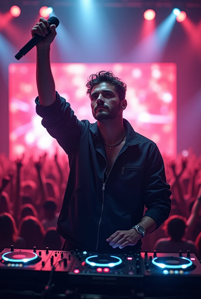 A DJ at a concert holding a microphone in his right hand