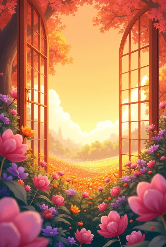The flower field, orange atmosphere, orange window is in anime style.