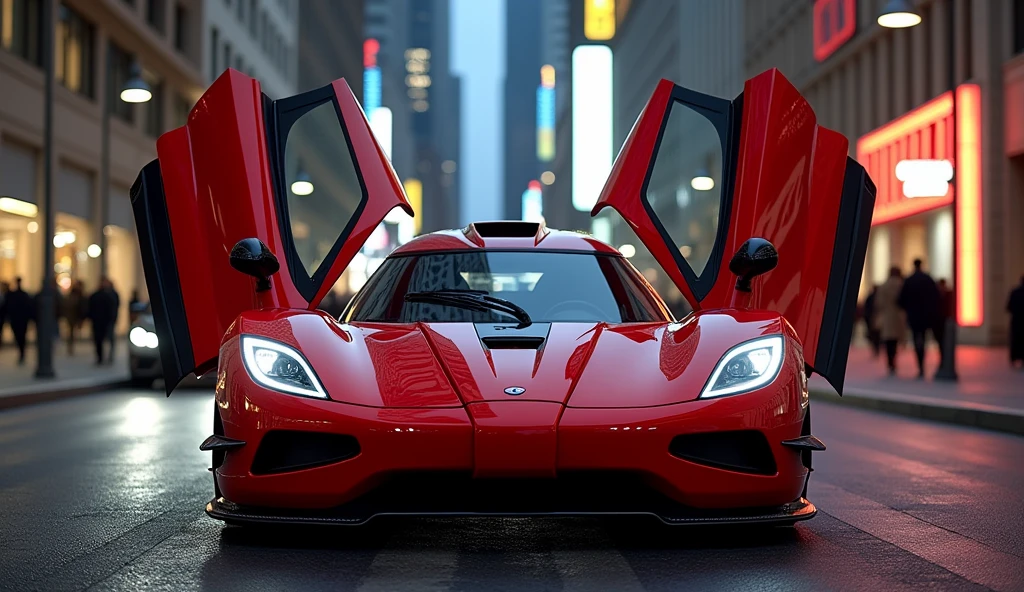 473933926, beautiful red car Koenigsegg CCXR Trevita on city road, I want to see it in full view, Open doors